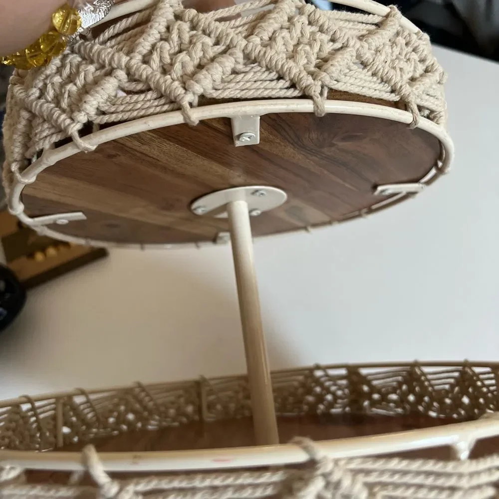 Two-Tier Wood and Macrame Tray, 16-inch Height, Macrame and Metal